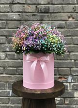 Цветочная композиция из Гипсофила и Розы в шляпной коробке в Клементьево