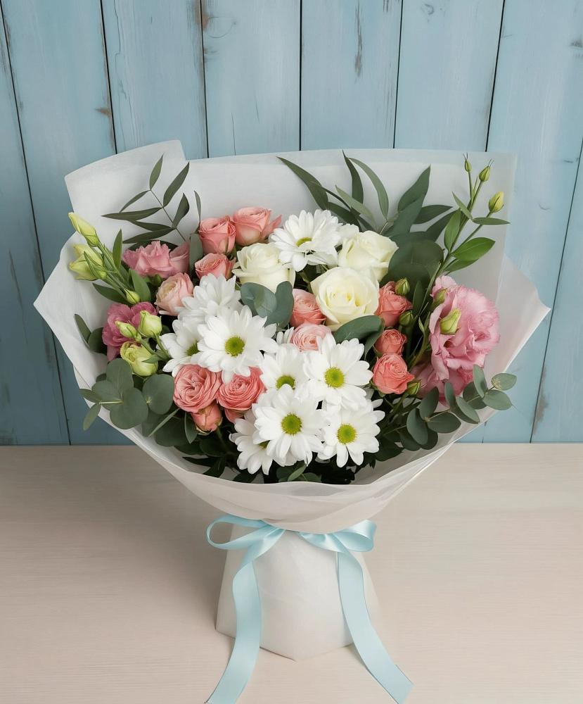 Букет цветов из: Розы, Лизиантусы и Хризантемы в Клементьево