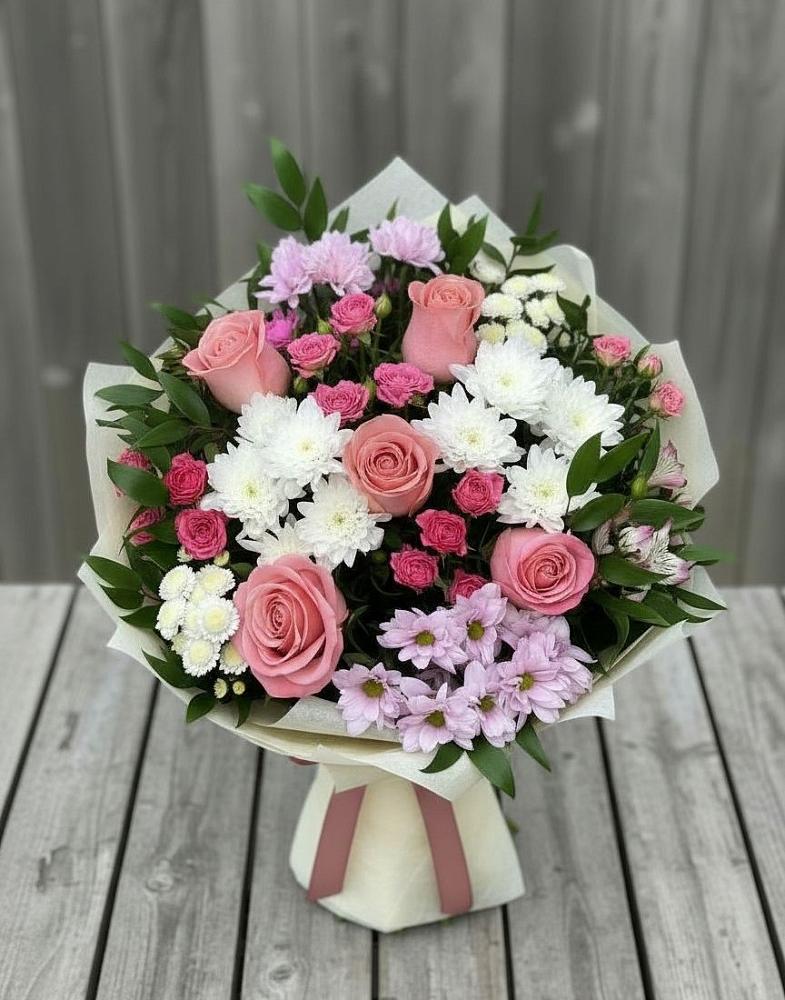 Букет цветов из: Альстромерии, Гвоздики, Розы и Хризантемы в Клементьево