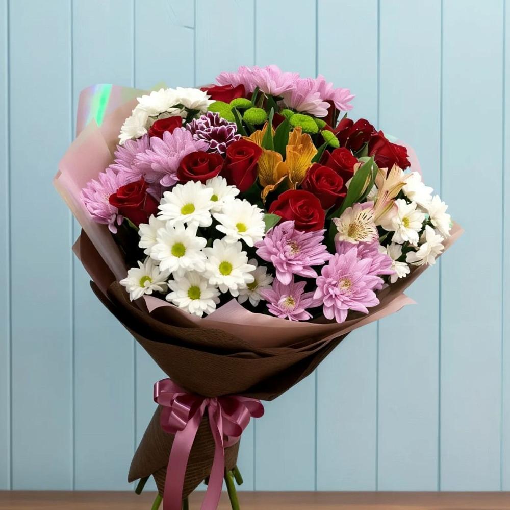 Букет цветов из: Розы, Хризантемы и Альстромерии в Клементьево